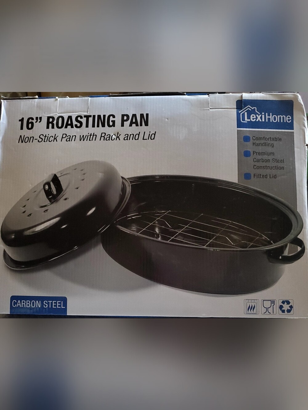 Lexi Home 16" Carbon Steel Oval Roasting Pan with a matching lid and rack